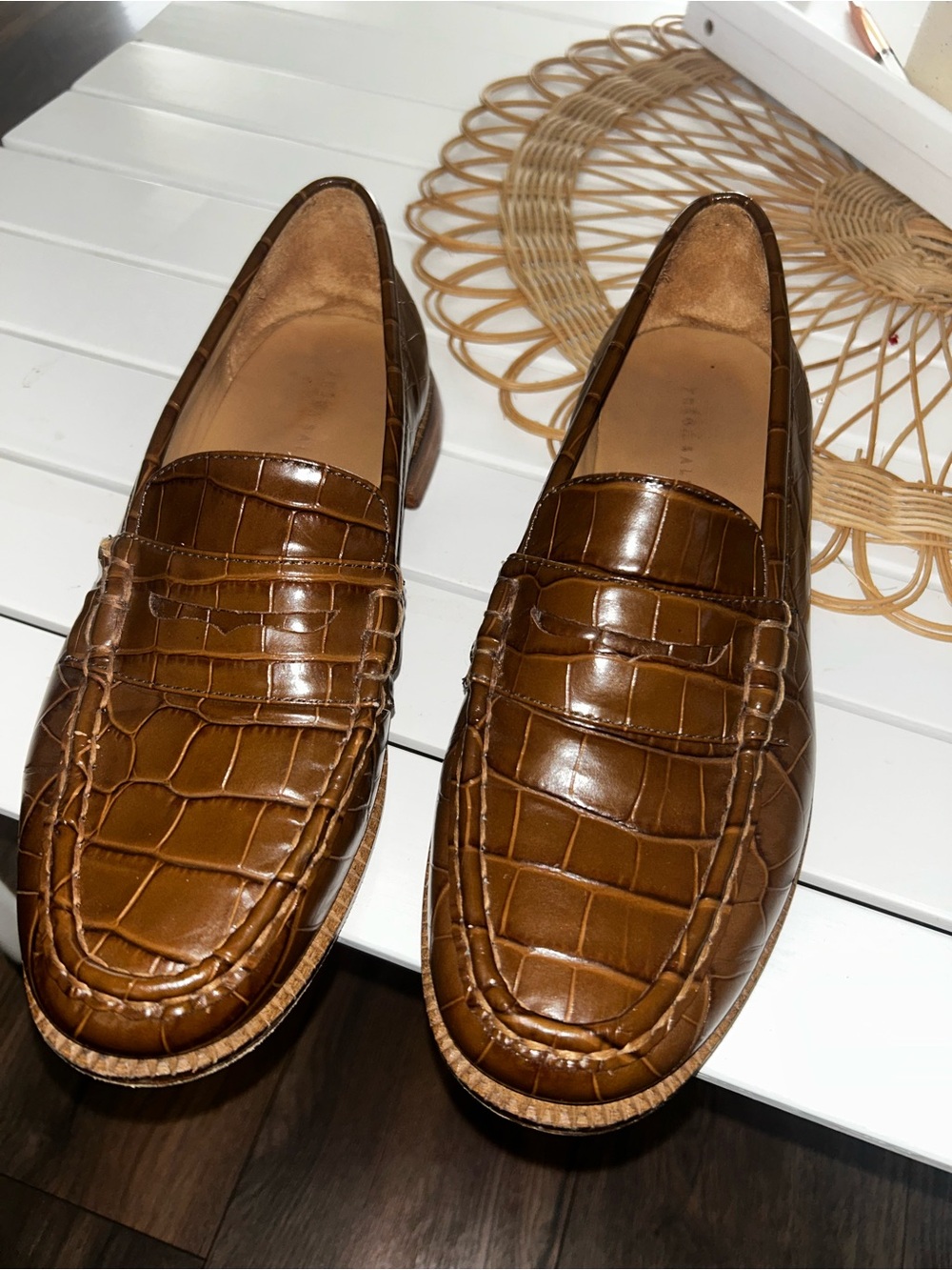 Freda Salvador Brown Croc-Embossed Leather Mules